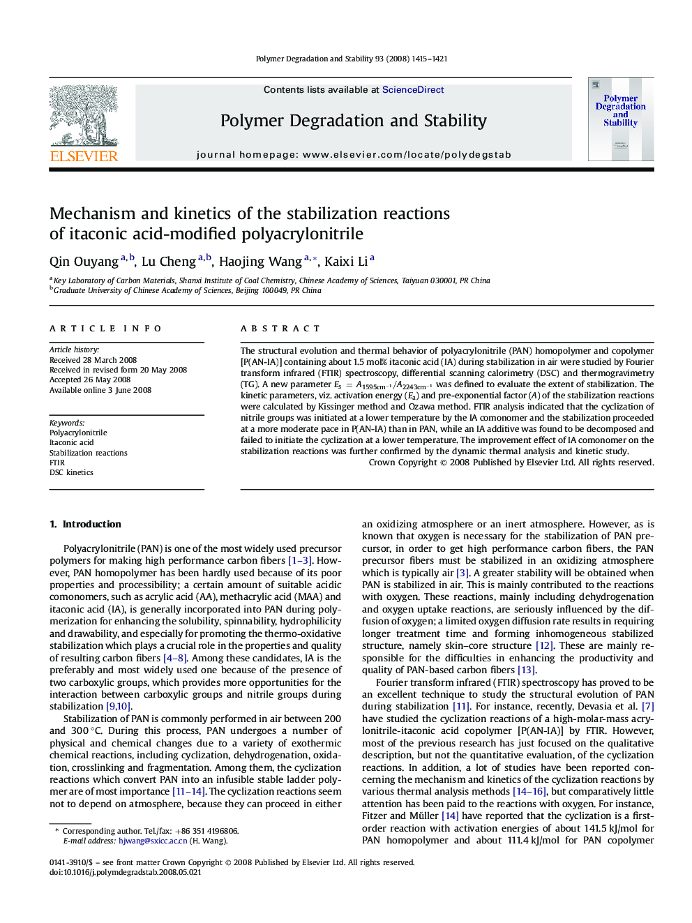 Mechanism and kinetics of the stabilization reactions of itaconic acid-modified polyacrylonitrile