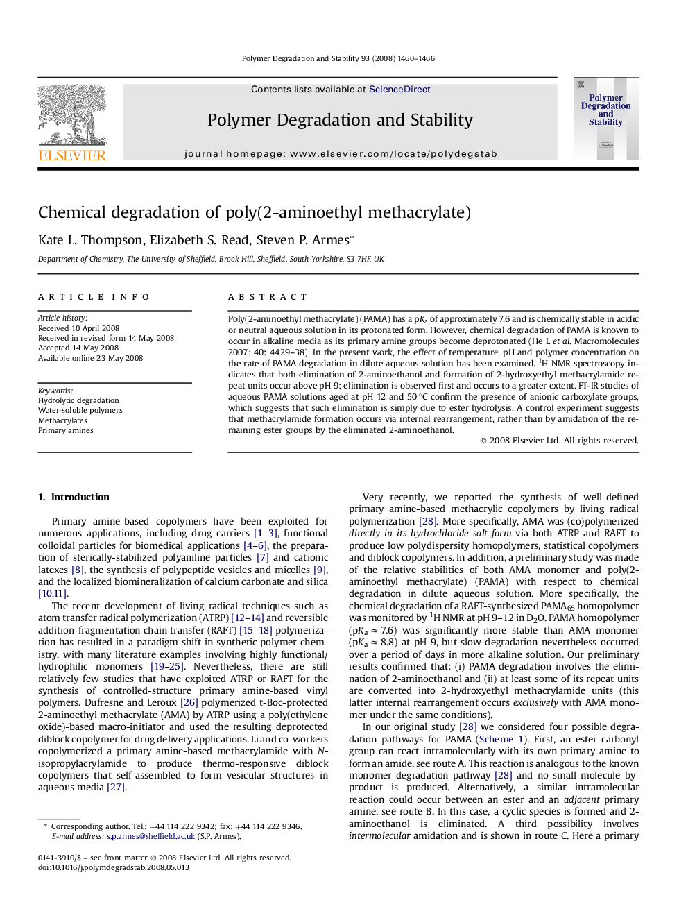 Chemical degradation of poly(2-aminoethyl methacrylate)