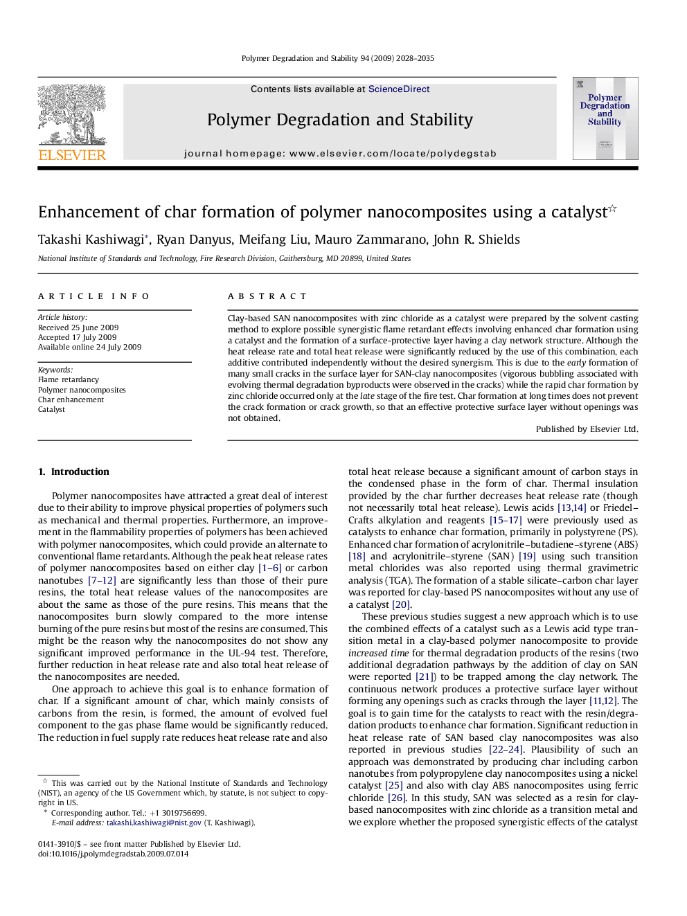 Enhancement of char formation of polymer nanocomposites using a catalyst