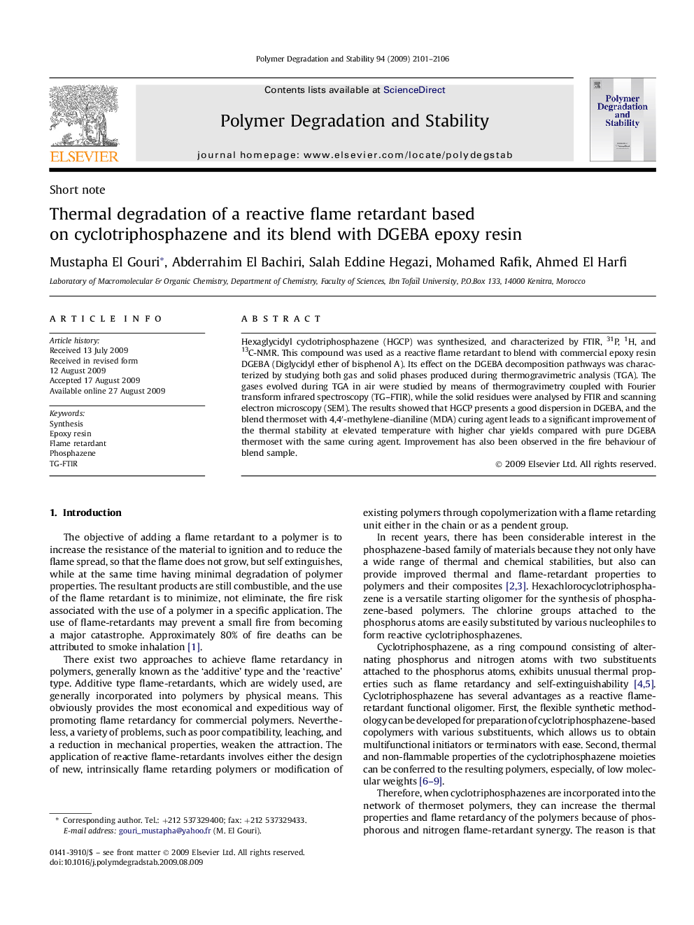 Short noteThermal degradation of a reactive flame retardant based on cyclotriphosphazene and its blend with DGEBA epoxy resin