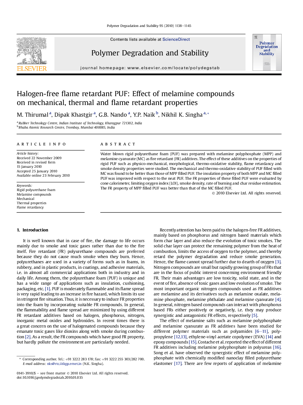 Halogen-free flame retardant PUF: Effect of melamine compounds on mechanical, thermal and flame retardant properties