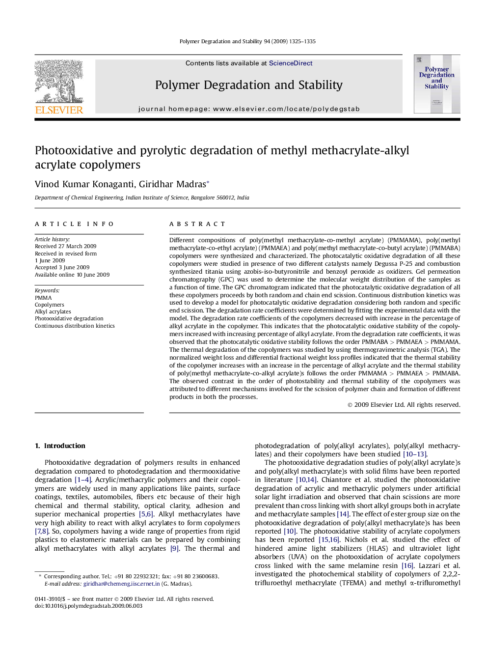 Photooxidative and pyrolytic degradation of methyl methacrylate-alkyl acrylate copolymers