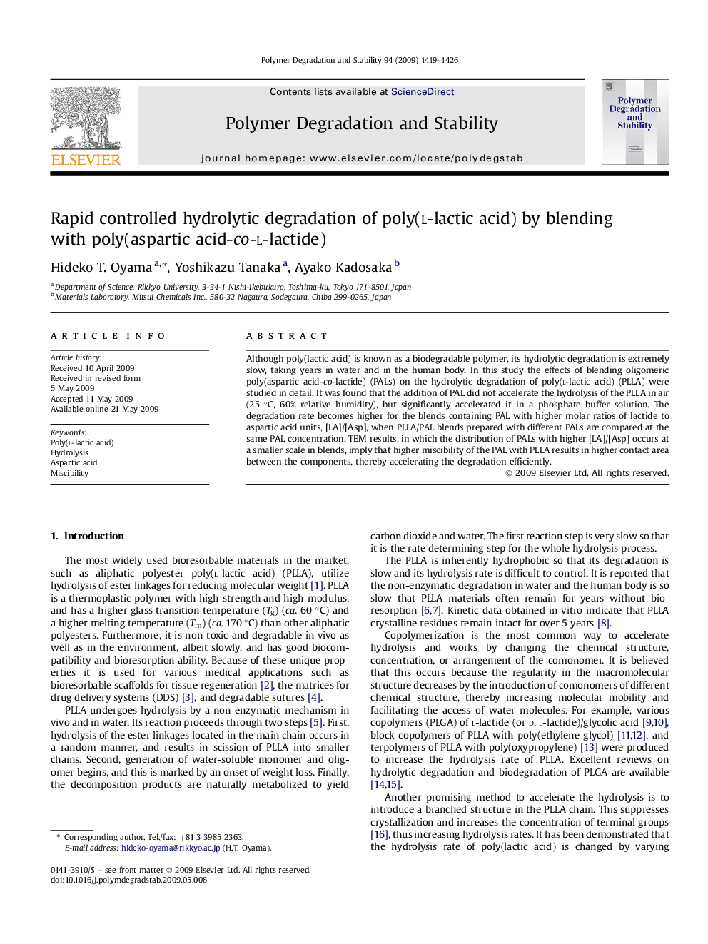 Rapid controlled hydrolytic degradation of poly(l-lactic acid) by blending with poly(aspartic acid-co-l-lactide)