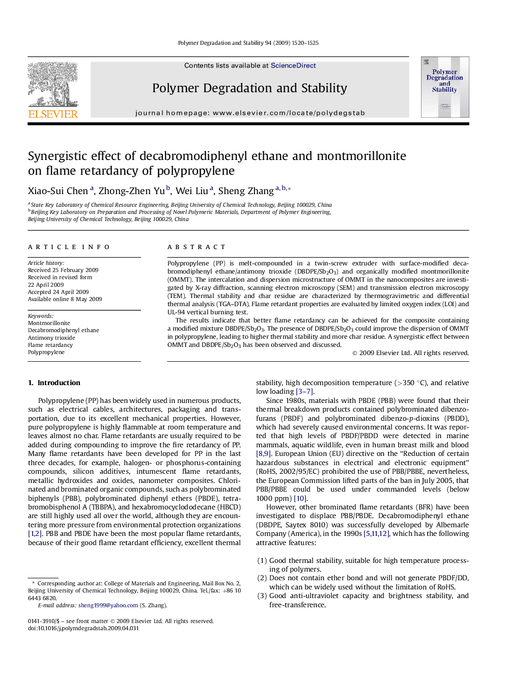 Synergistic effect of decabromodiphenyl ethane and montmorillonite on flame retardancy of polypropylene