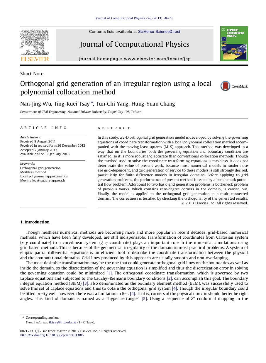 Orthogonal grid generation of an irregular region using a local polynomial collocation method