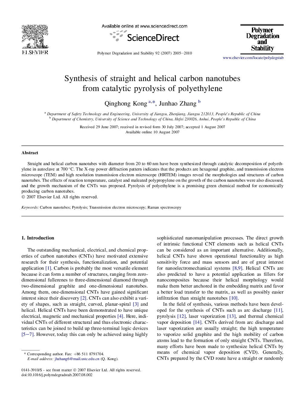Synthesis of straight and helical carbon nanotubes from catalytic pyrolysis of polyethylene