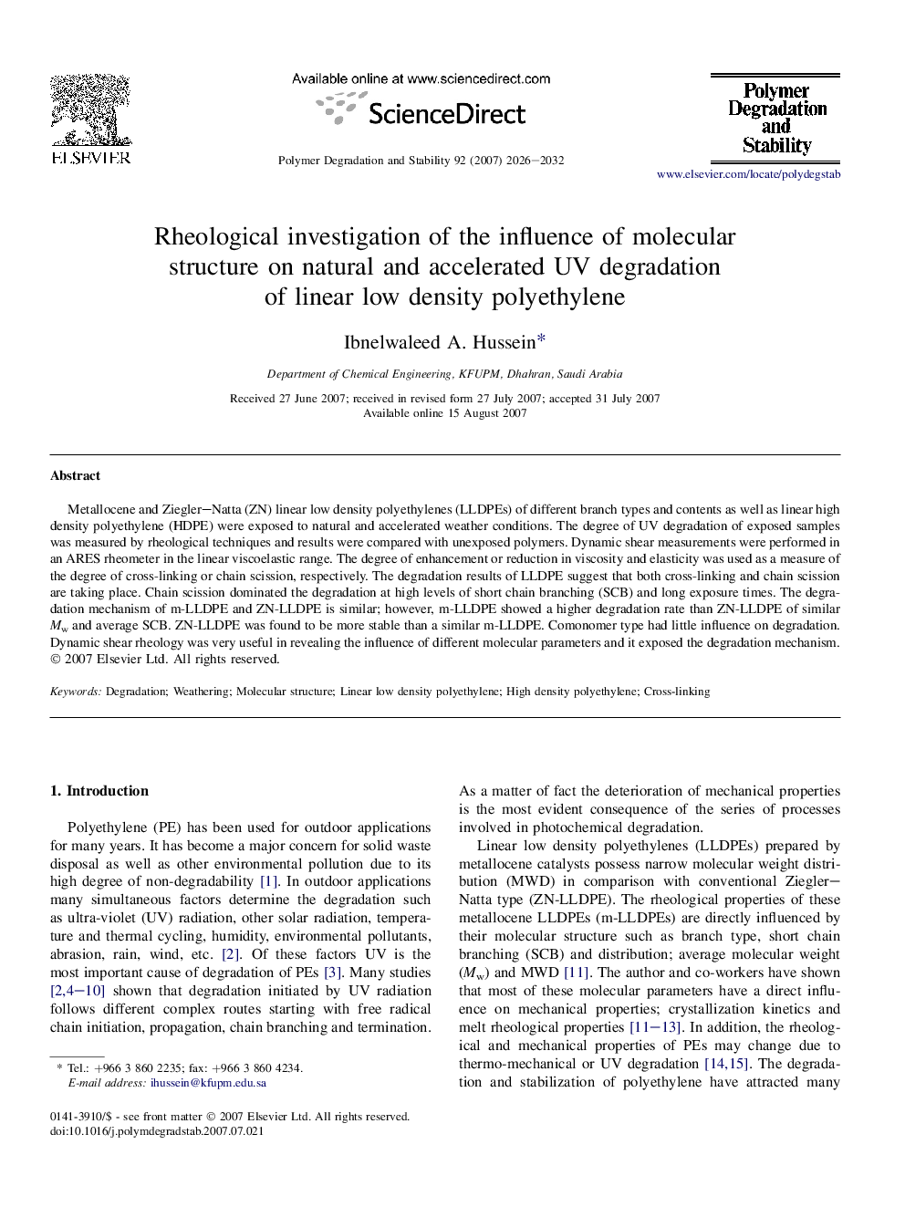 Rheological investigation of the influence of molecular structure on natural and accelerated UV degradation of linear low density polyethylene