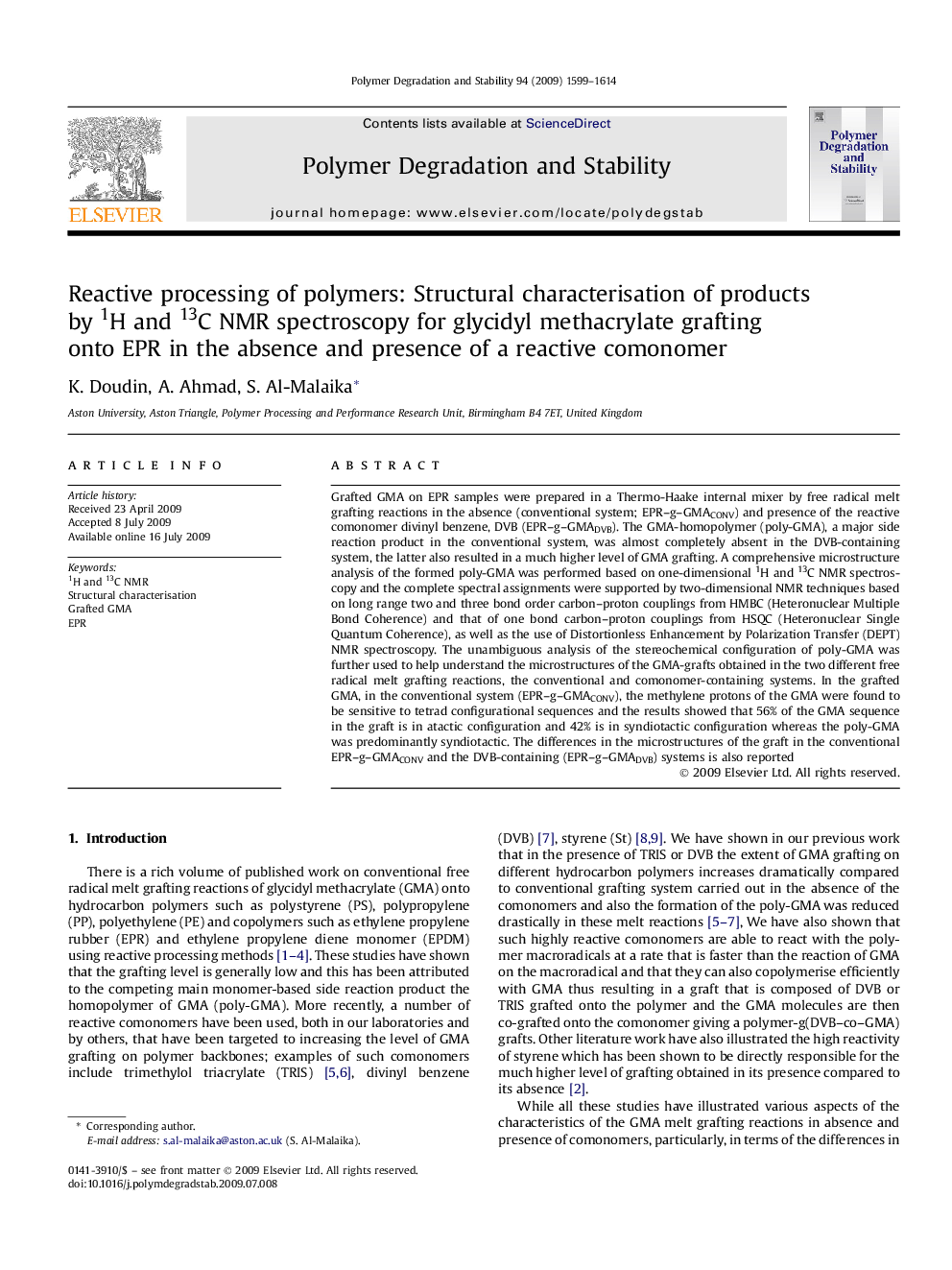 Reactive processing of polymers: Structural characterisation of products by 1H and 13C NMR spectroscopy for glycidyl methacrylate grafting onto EPR in the absence and presence of a reactive comonomer