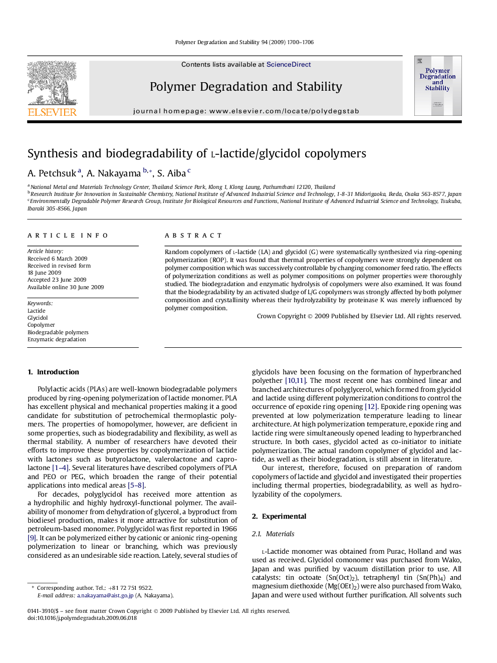 Synthesis and biodegradability of l-lactide/glycidol copolymers