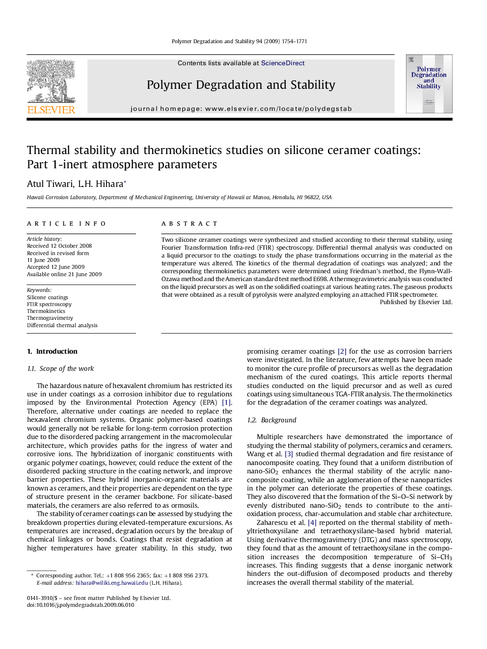 Thermal stability and thermokinetics studies on silicone ceramer coatings: Part 1-inert atmosphere parameters