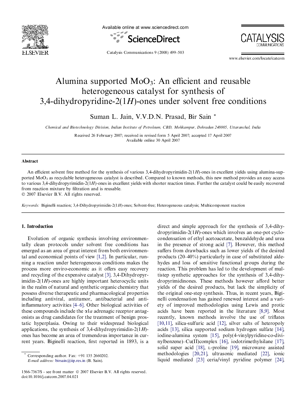 Alumina supported MoO3: An efficient and reusable heterogeneous catalyst for synthesis of 3,4-dihydropyridine-2(1H)-ones under solvent free conditions