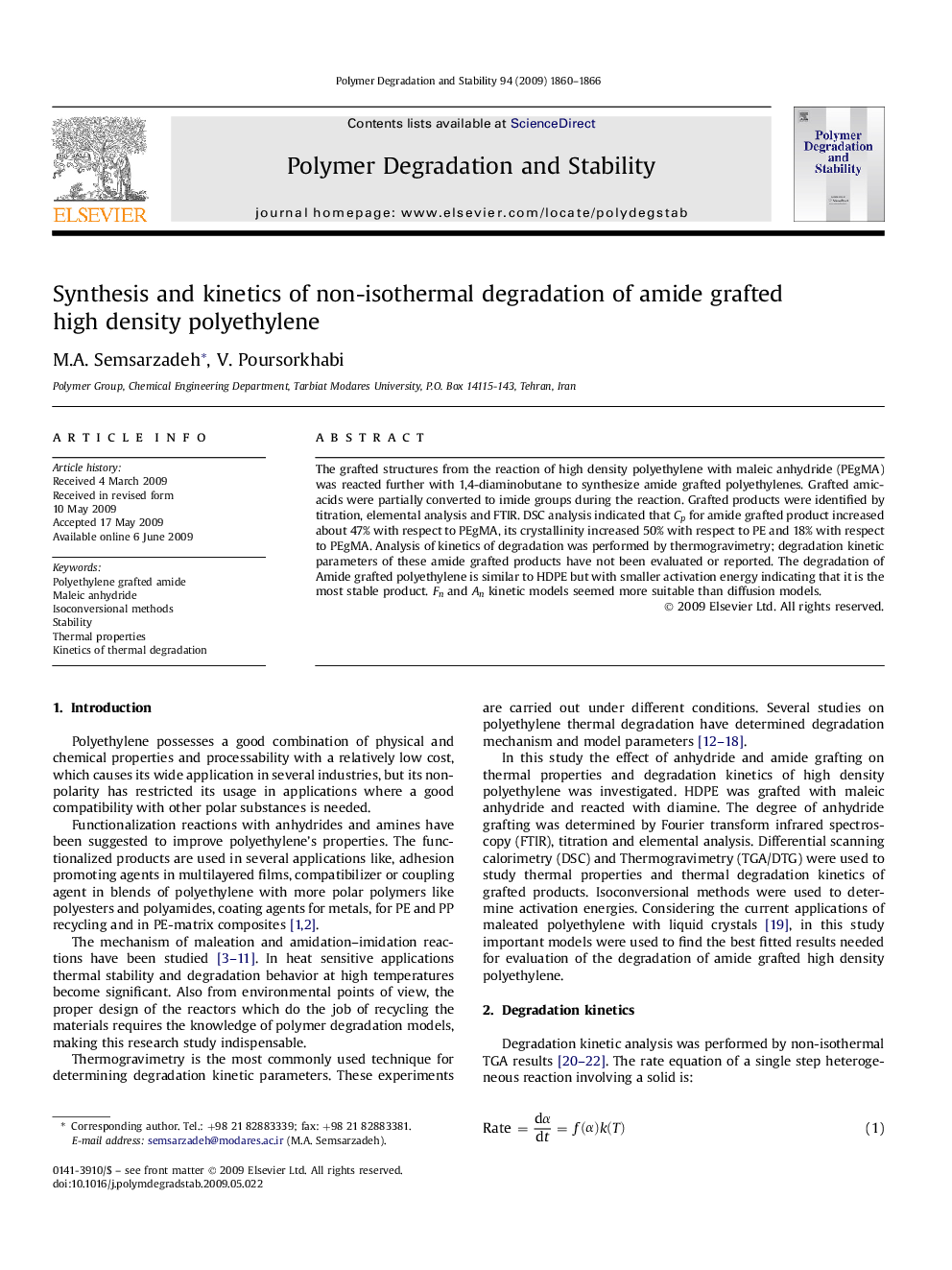 Synthesis and kinetics of non-isothermal degradation of amide grafted high density polyethylene