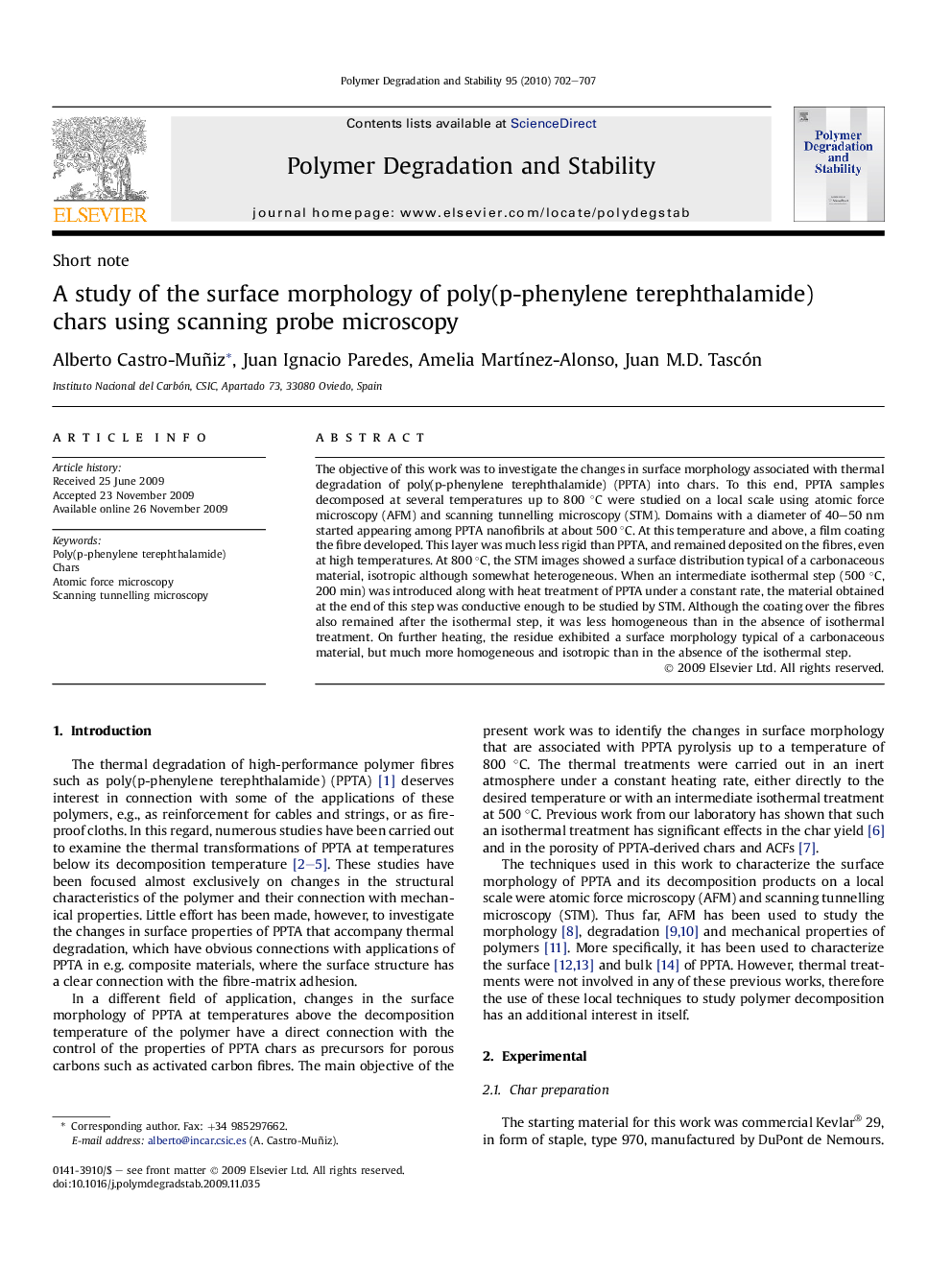 Short noteA study of the surface morphology of poly(p-phenylene terephthalamide) chars using scanning probe microscopy