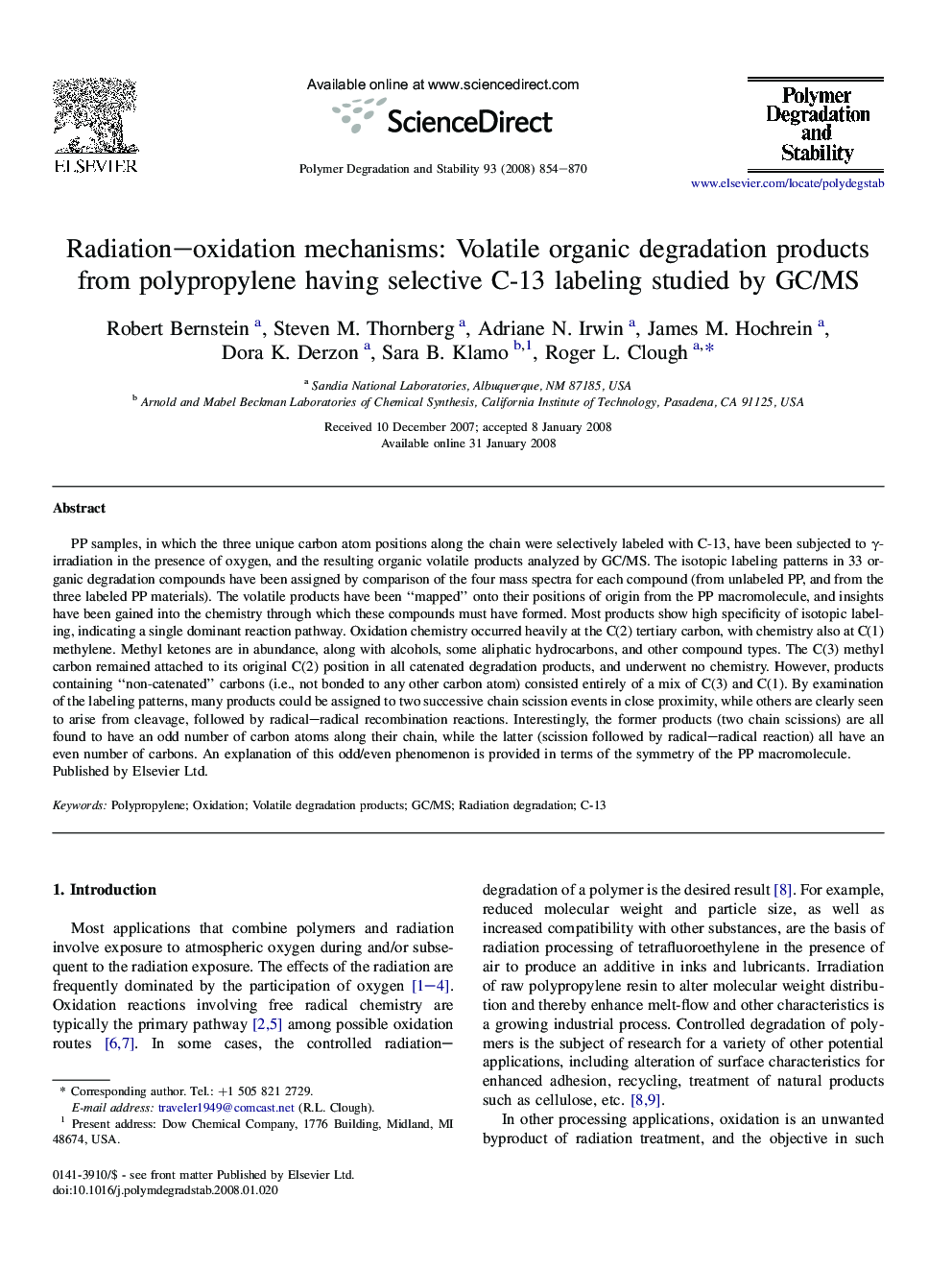 Radiation-oxidation mechanisms: Volatile organic degradation products from polypropylene having selective C-13 labeling studied by GC/MS