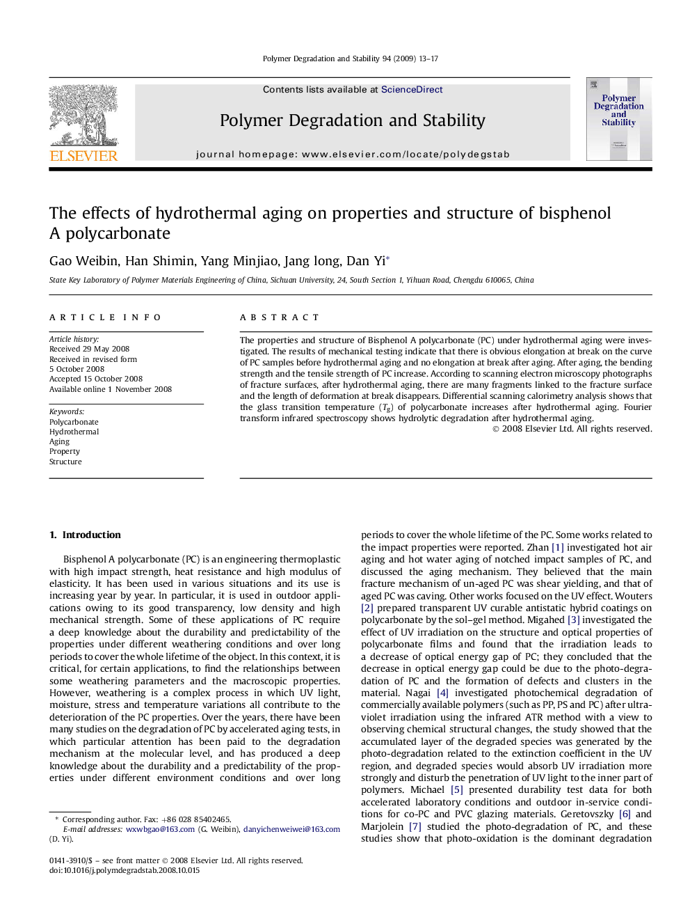 The effects of hydrothermal aging on properties and structure of bisphenol A polycarbonate