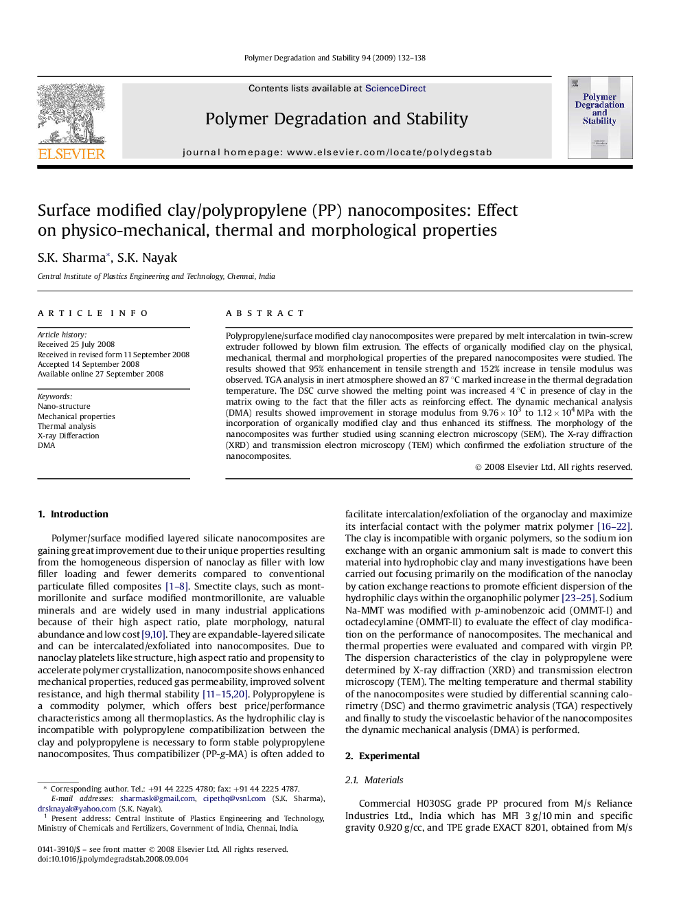 Surface modified clay/polypropylene (PP) nanocomposites: Effect on physico-mechanical, thermal and morphological properties