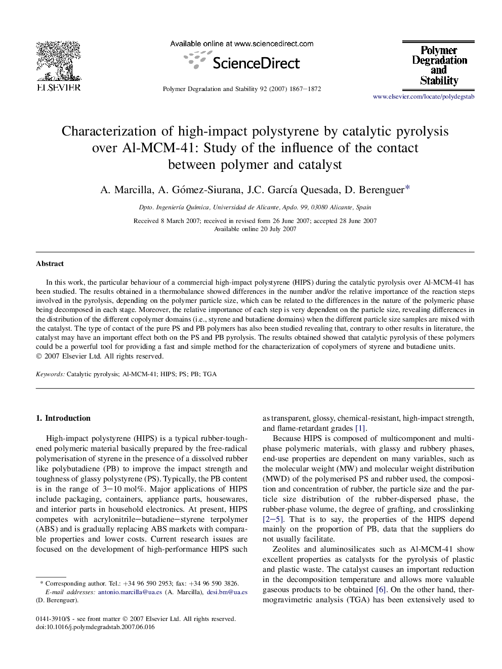 Characterization of high-impact polystyrene by catalytic pyrolysis over Al-MCM-41: Study of the influence of the contact between polymer and catalyst