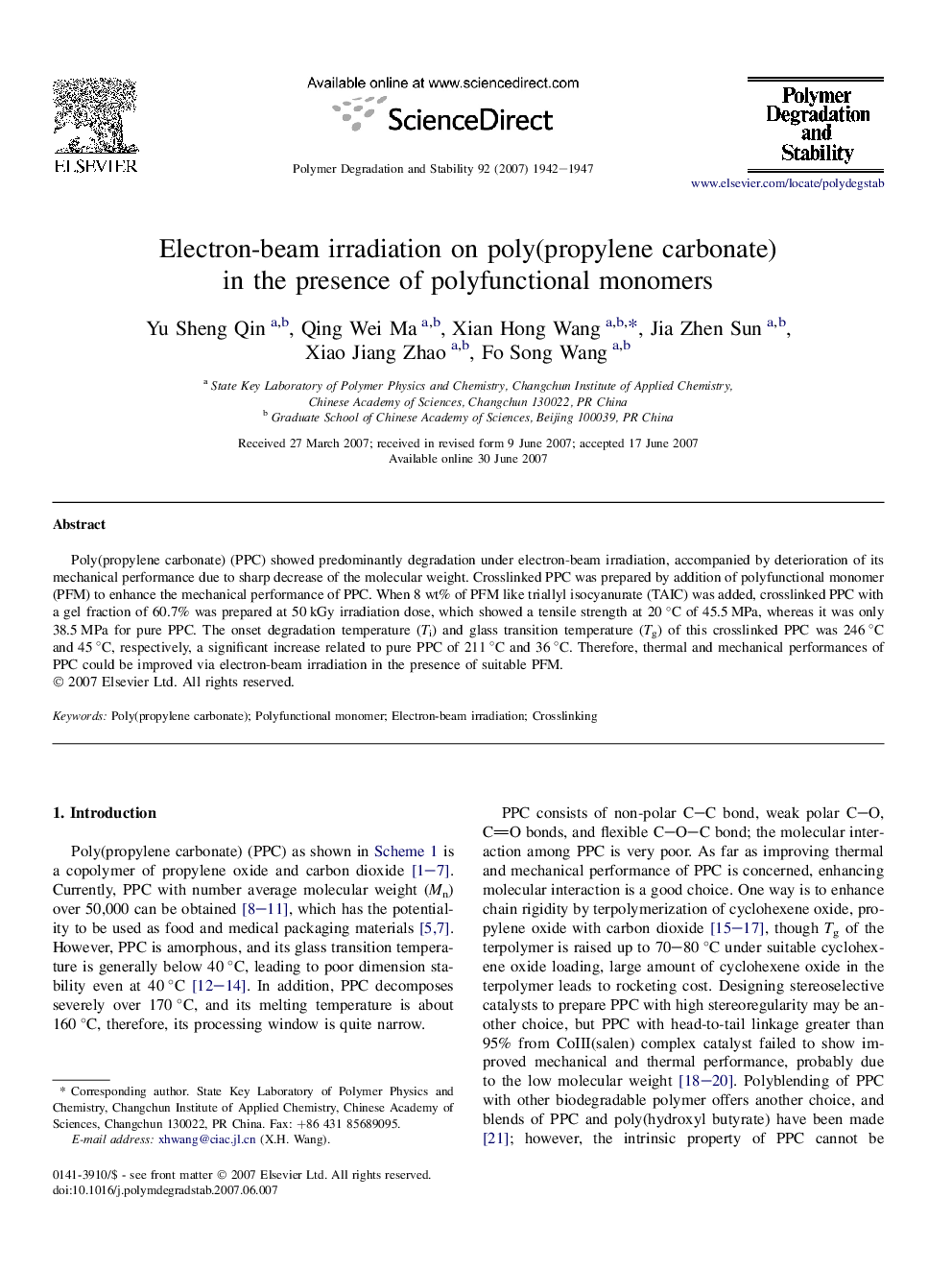 Electron-beam irradiation on poly(propylene carbonate) in the presence of polyfunctional monomers