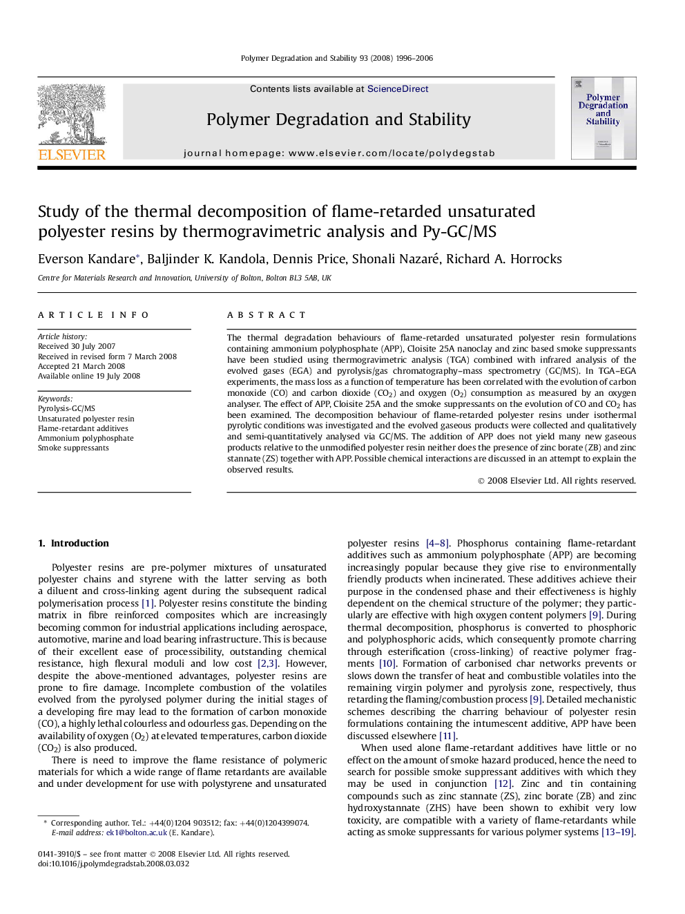 Study of the thermal decomposition of flame-retarded unsaturated polyester resins by thermogravimetric analysis and Py-GC/MS