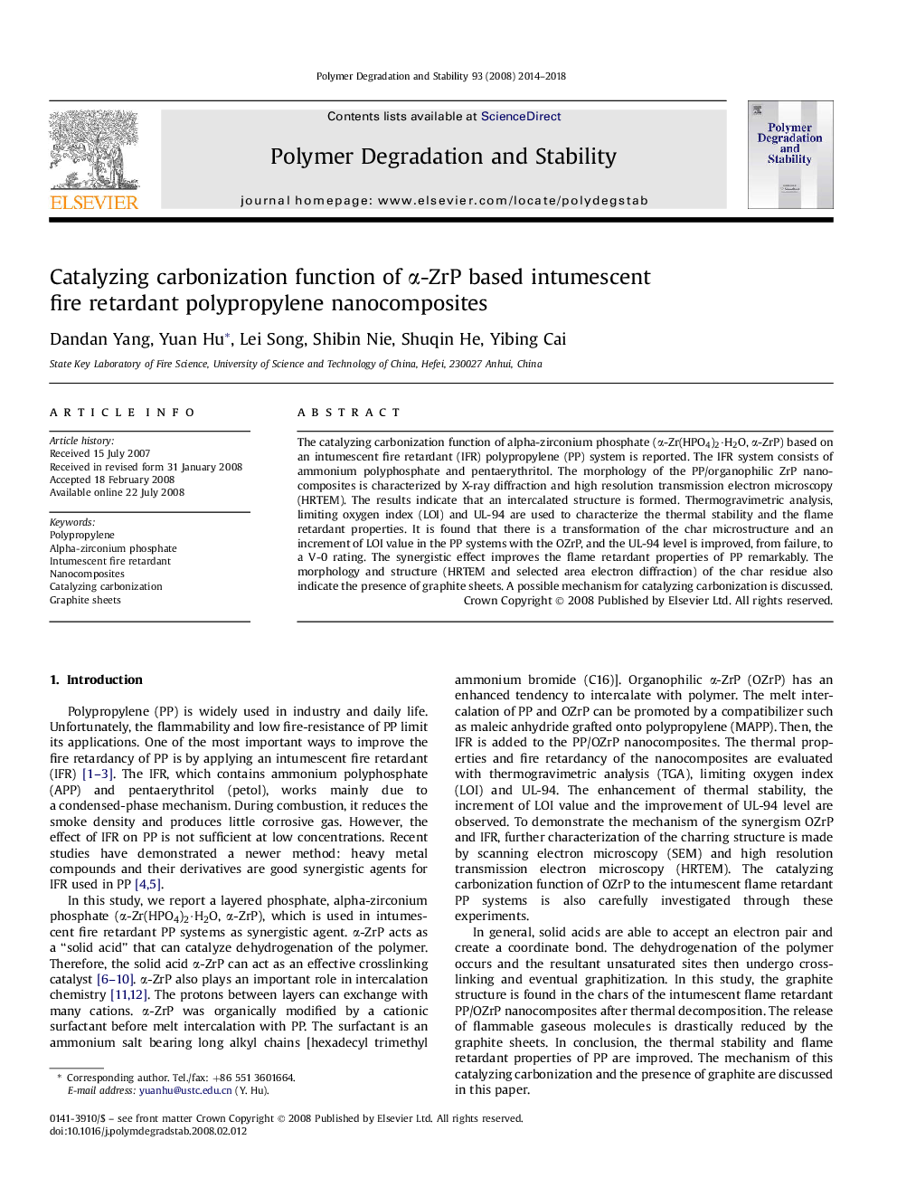 Catalyzing carbonization function of Î±-ZrP based intumescent fire retardant polypropylene nanocomposites