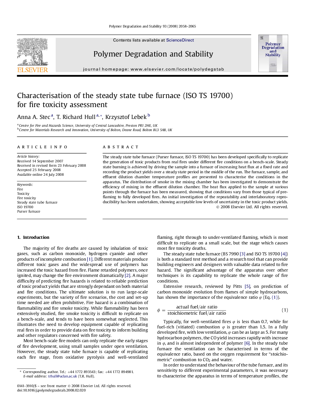 Characterisation of the steady state tube furnace (ISO TS 19700) for fire toxicity assessment