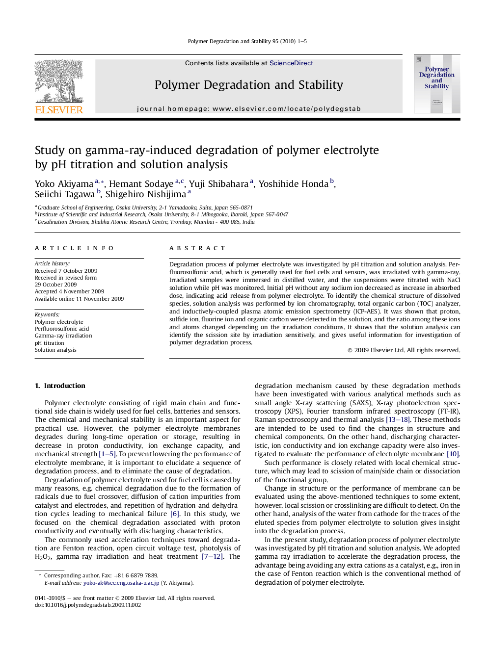 Study on gamma-ray-induced degradation of polymer electrolyte by pH titration and solution analysis