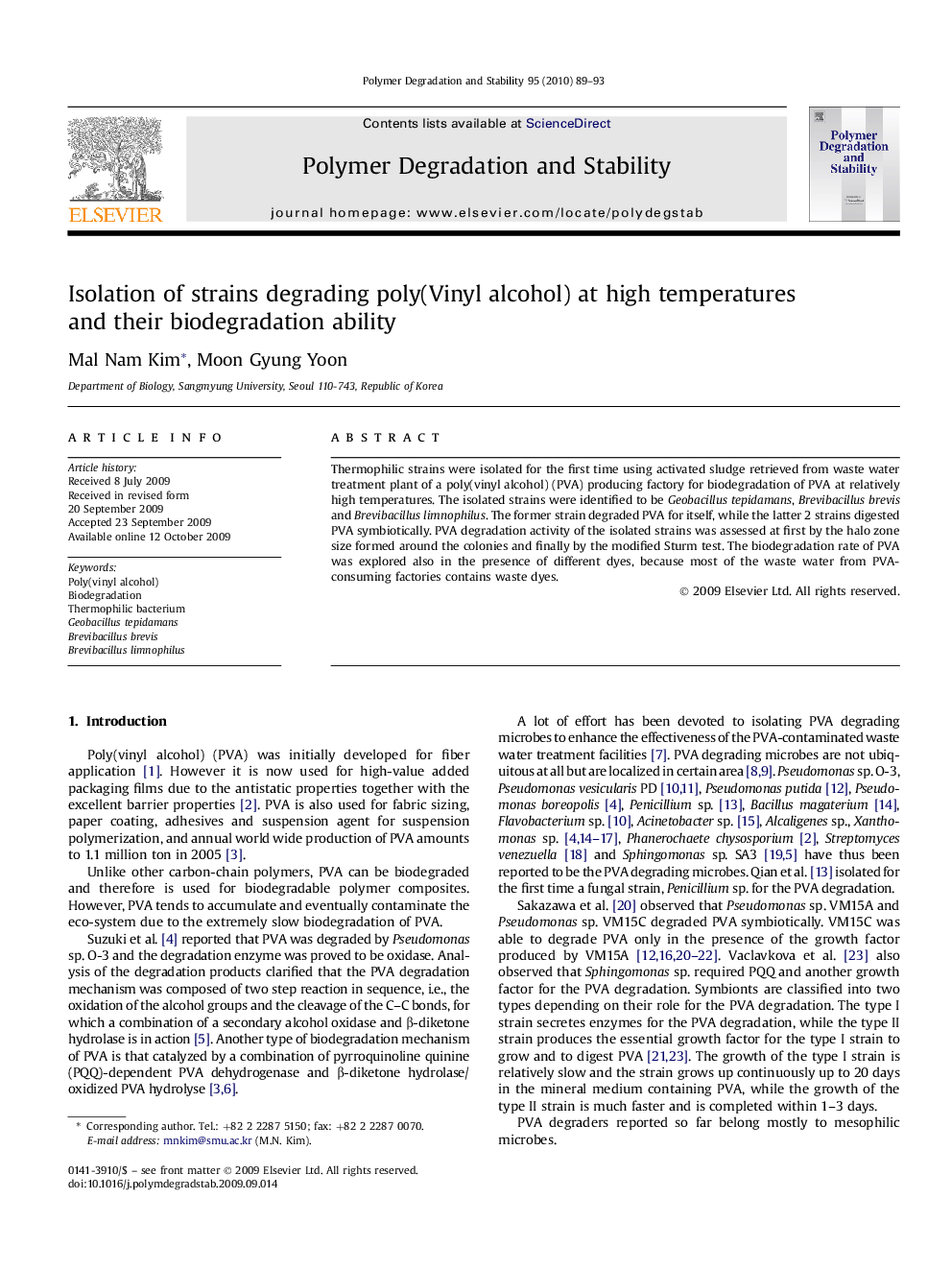 Isolation of strains degrading poly(Vinyl alcohol) at high temperatures and their biodegradation ability