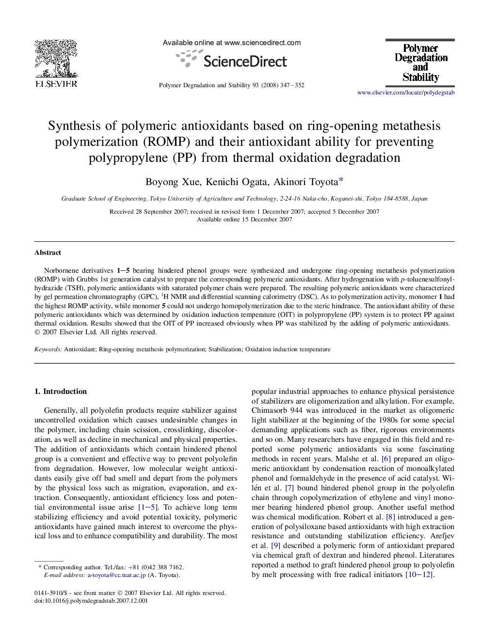 Synthesis of polymeric antioxidants based on ring-opening metathesis polymerization (ROMP) and their antioxidant ability for preventing polypropylene (PP) from thermal oxidation degradation