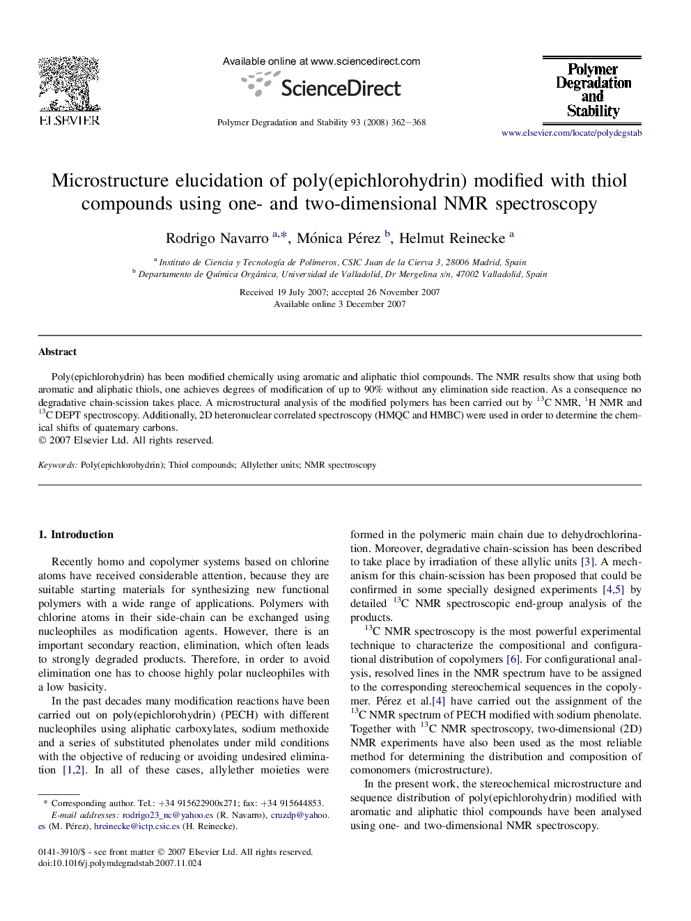 Microstructure elucidation of poly(epichlorohydrin) modified with thiol compounds using one- and two-dimensional NMR spectroscopy