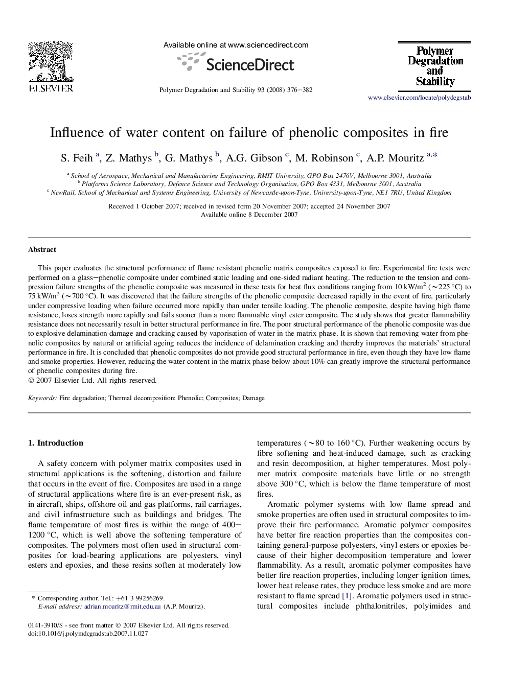 Influence of water content on failure of phenolic composites in fire