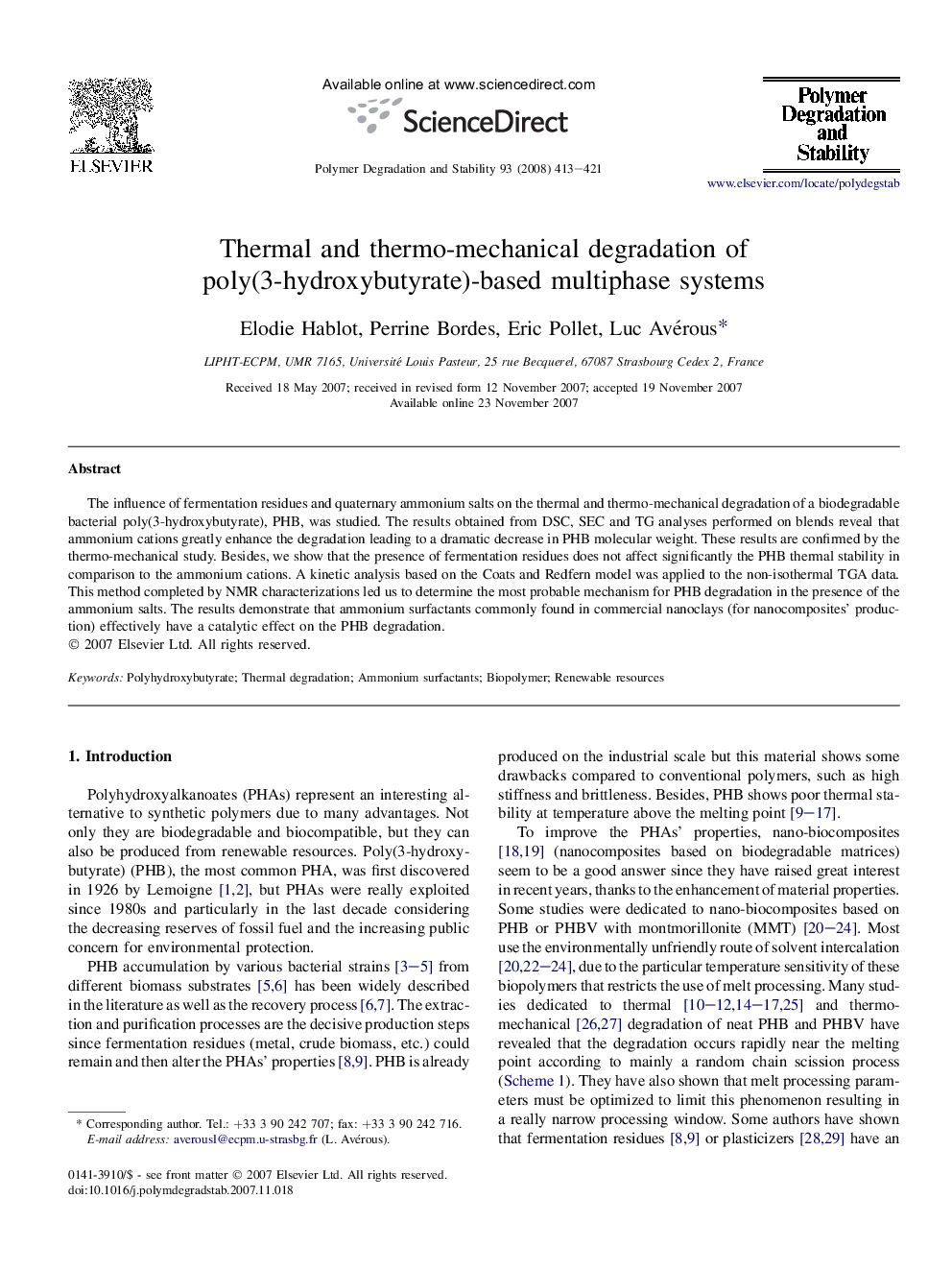 Thermal and thermo-mechanical degradation of poly(3-hydroxybutyrate)-based multiphase systems