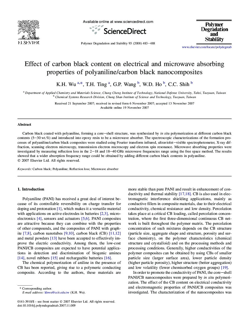 Effect of carbon black content on electrical and microwave absorbing properties of polyaniline/carbon black nanocomposites