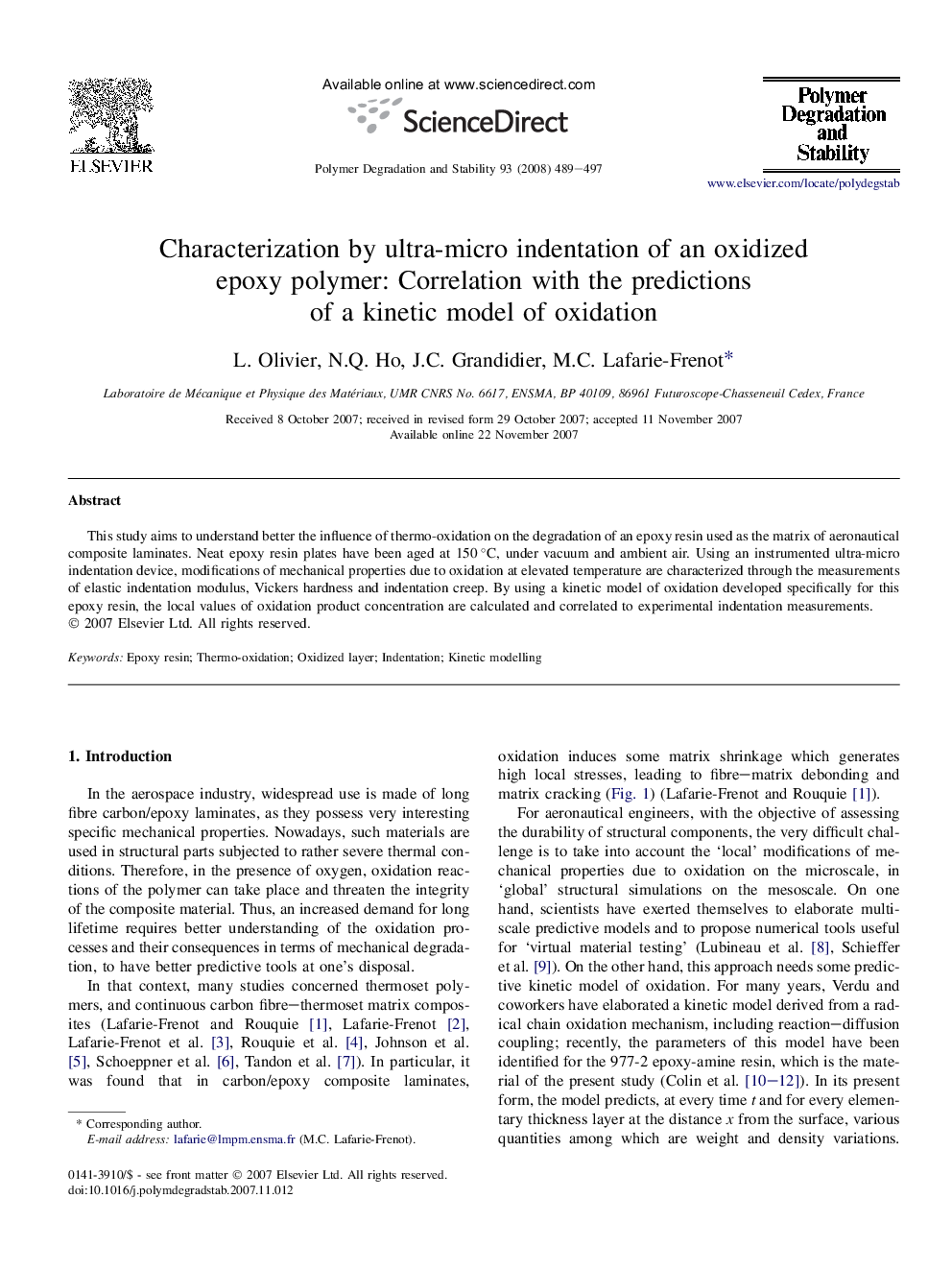 Characterization by ultra-micro indentation of an oxidized epoxy polymer: Correlation with the predictions of a kinetic model of oxidation