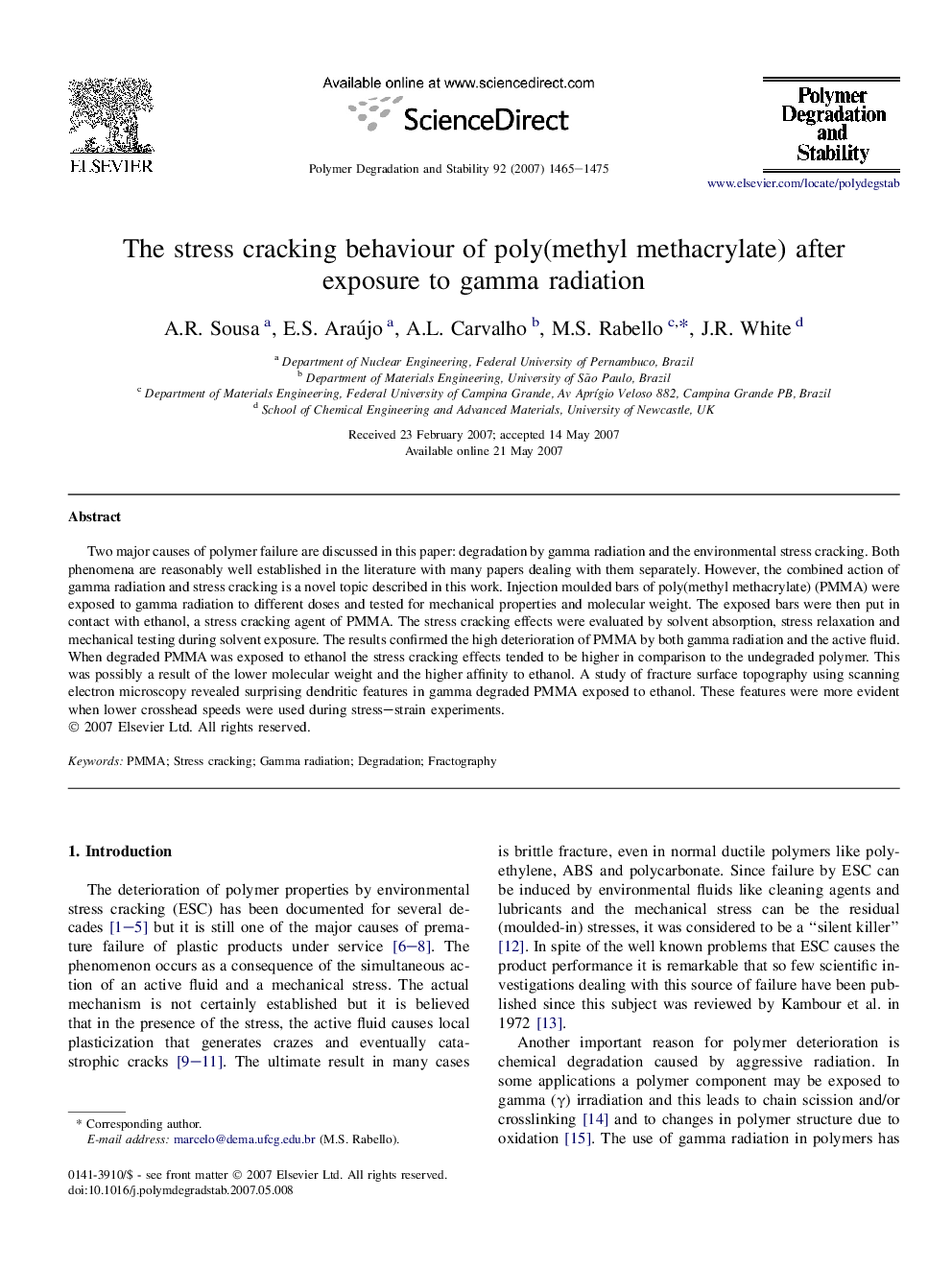 The stress cracking behaviour of poly(methyl methacrylate) after exposure to gamma radiation