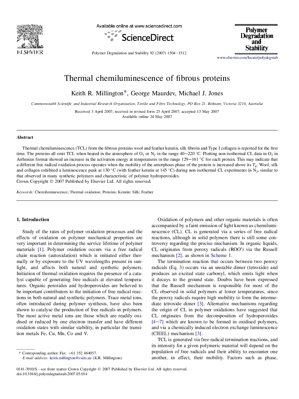 Thermal chemiluminescence of fibrous proteins