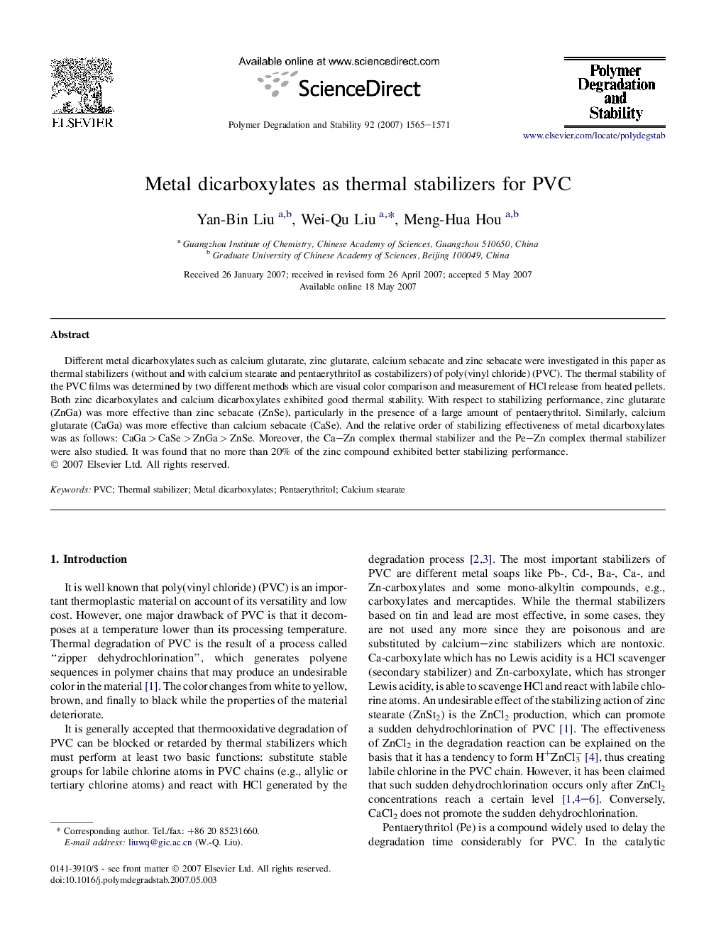 Metal dicarboxylates as thermal stabilizers for PVC