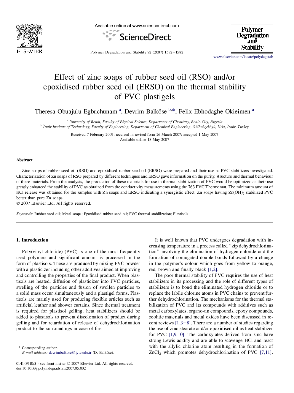 Effect of zinc soaps of rubber seed oil (RSO) and/or epoxidised rubber seed oil (ERSO) on the thermal stability of PVC plastigels