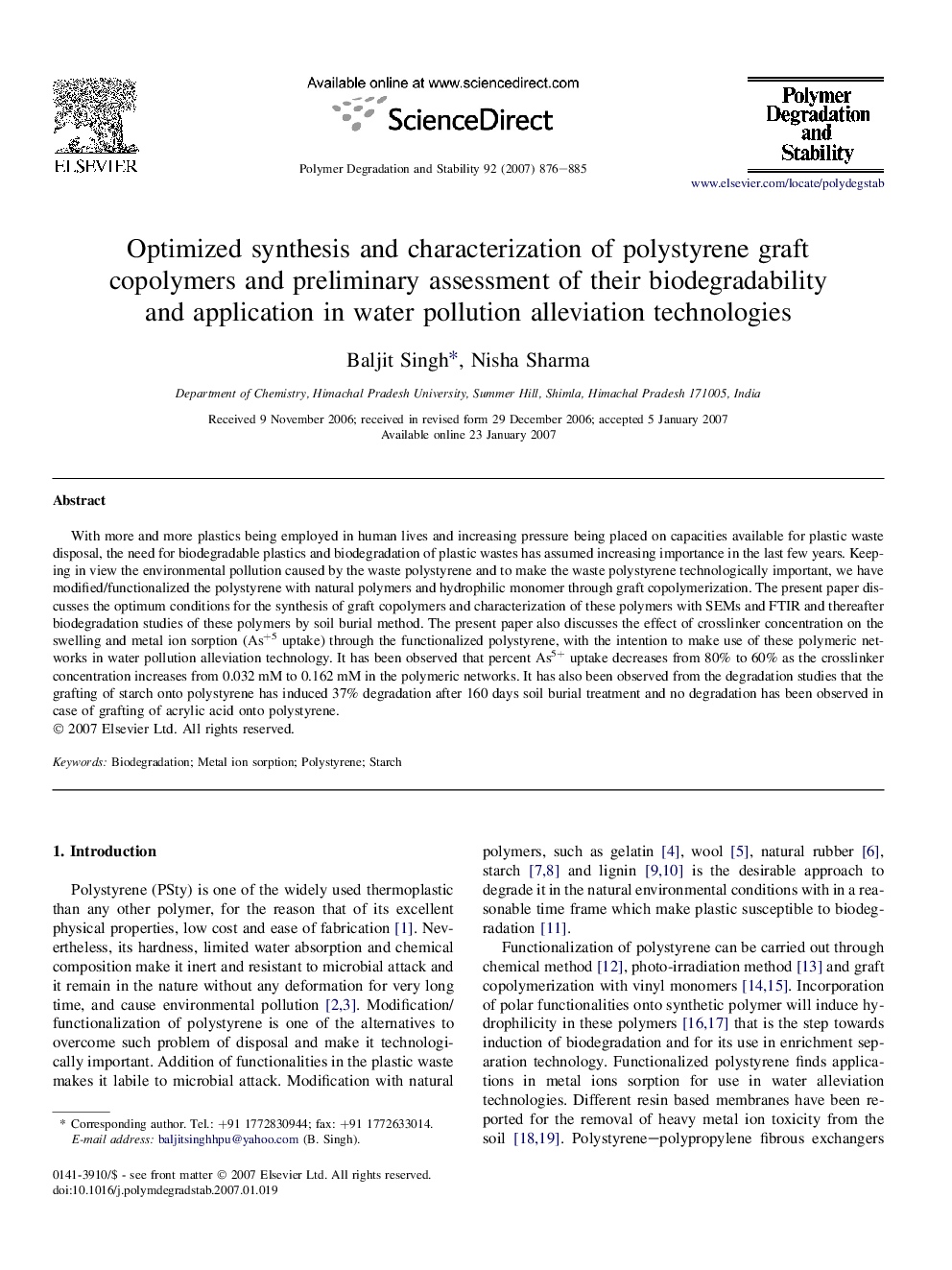 Optimized synthesis and characterization of polystyrene graft copolymers and preliminary assessment of their biodegradability and application in water pollution alleviation technologies