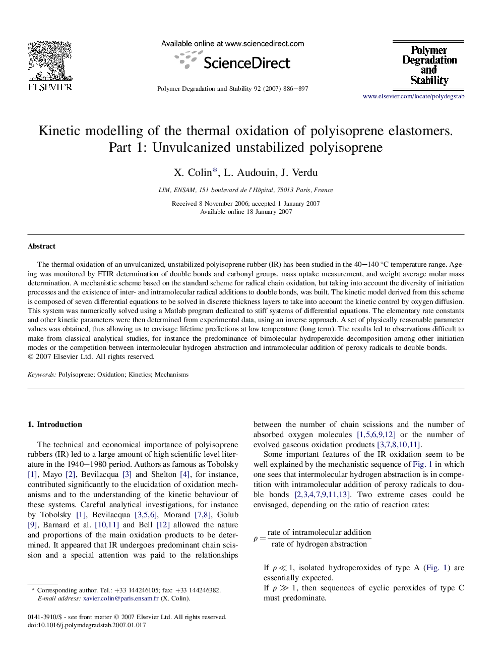 Kinetic modelling of the thermal oxidation of polyisoprene elastomers. Part 1: Unvulcanized unstabilized polyisoprene