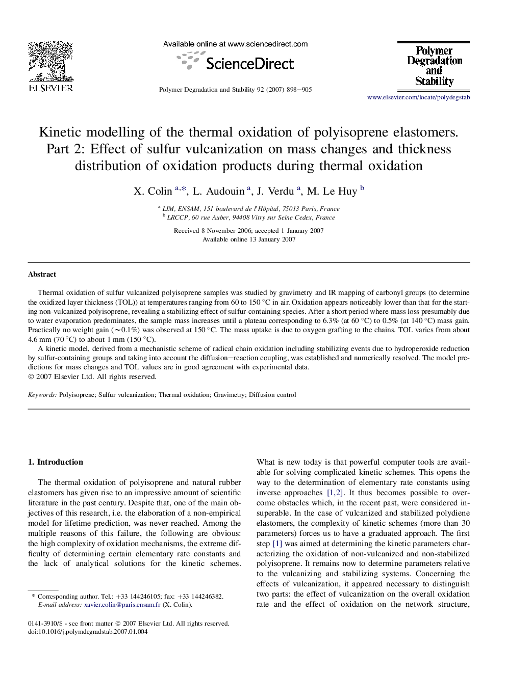 Kinetic modelling of the thermal oxidation of polyisoprene elastomers. Part 2: Effect of sulfur vulcanization on mass changes and thickness distribution of oxidation products during thermal oxidation