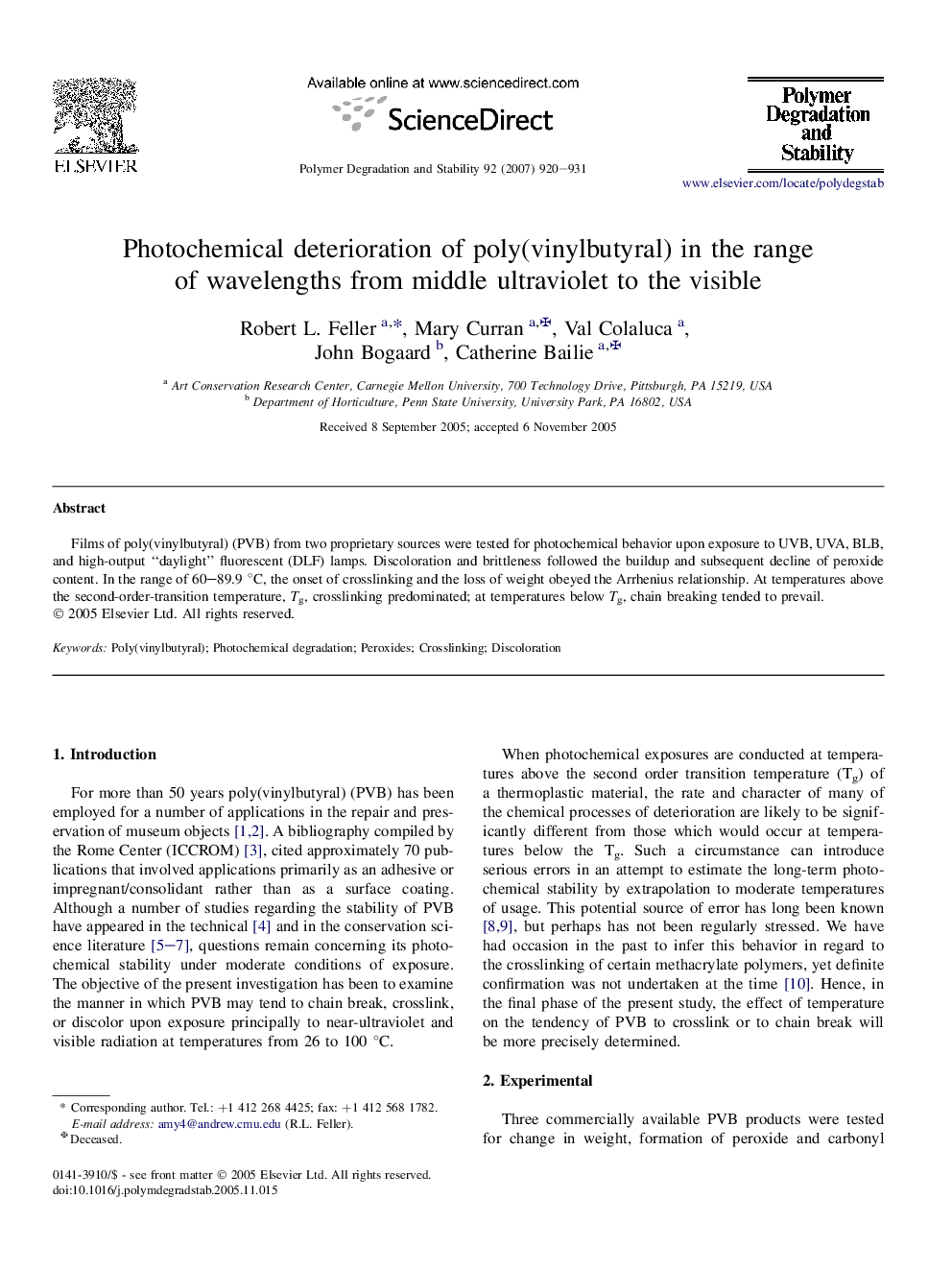 Photochemical deterioration of poly(vinylbutyral) in the range of wavelengths from middle ultraviolet to the visible