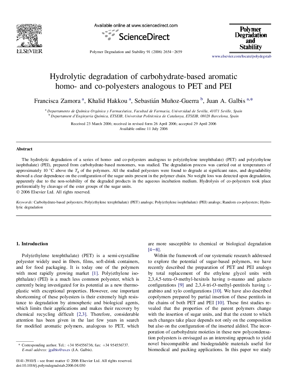 عکس صفحه اول مقاله: Hydrolytic degradation of carbohydrate-based aromatic homo- and co-polyesters analogous to PET and PEI Hydrolytic degradation of carbohydrate-based aromatic homo- and co-polyesters analogous to PET and PEI