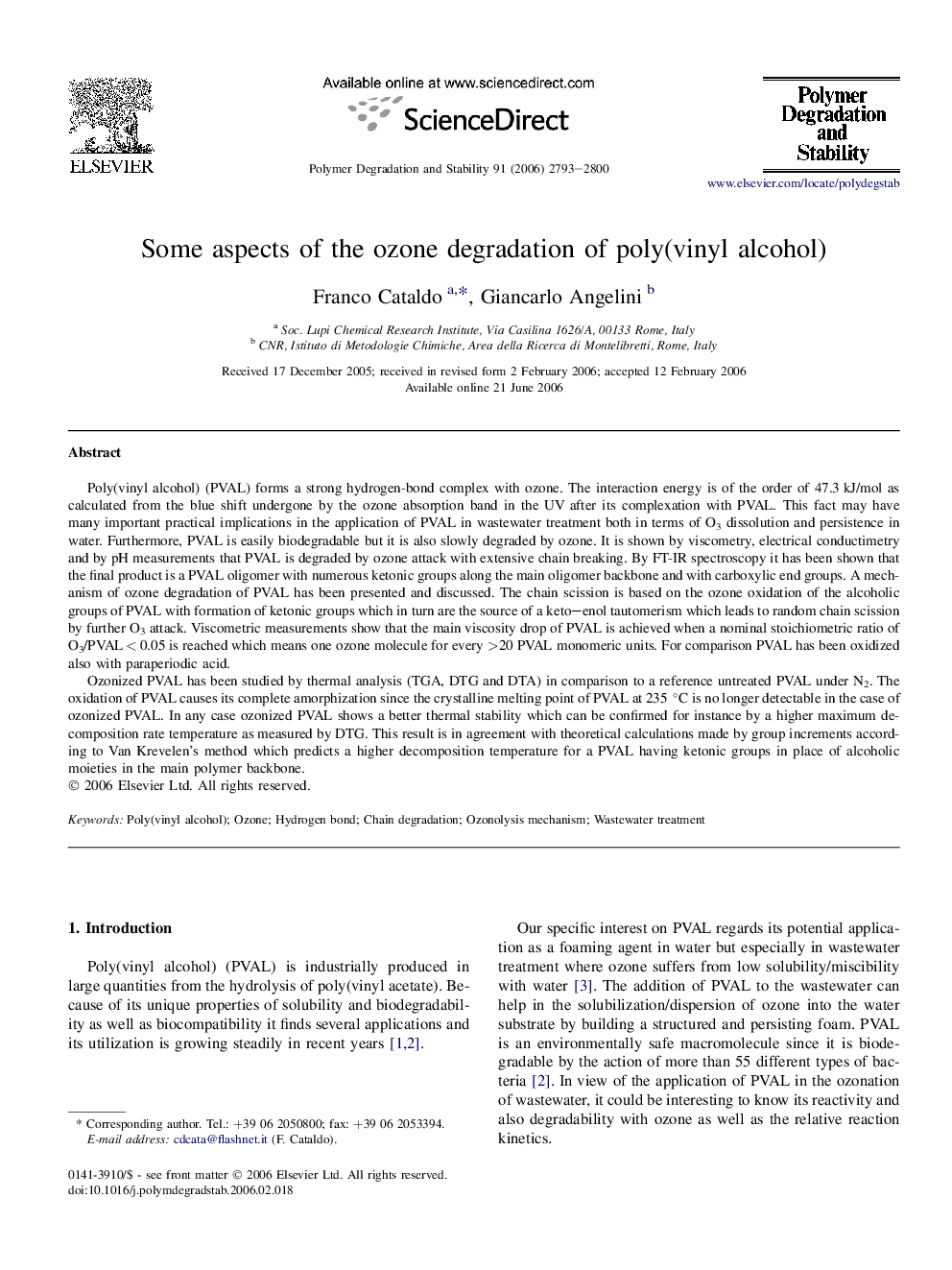 Some aspects of the ozone degradation of poly(vinyl alcohol)