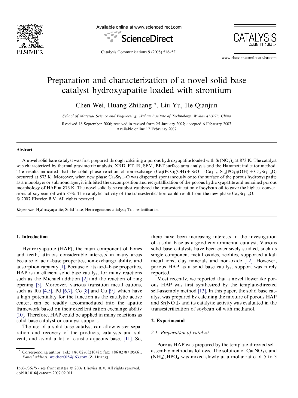 Preparation and characterization of a novel solid base catalyst hydroxyapatite loaded with strontium