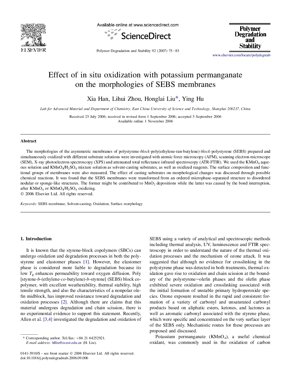 Effect of in situ oxidization with potassium permanganate on the morphologies of SEBS membranes