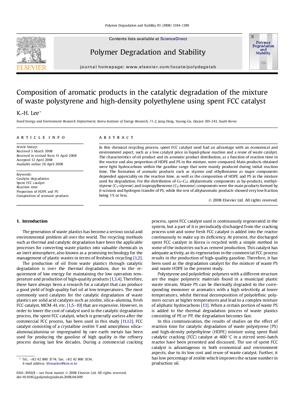 Composition of aromatic products in the catalytic degradation of the mixture of waste polystyrene and high-density polyethylene using spent FCC catalyst