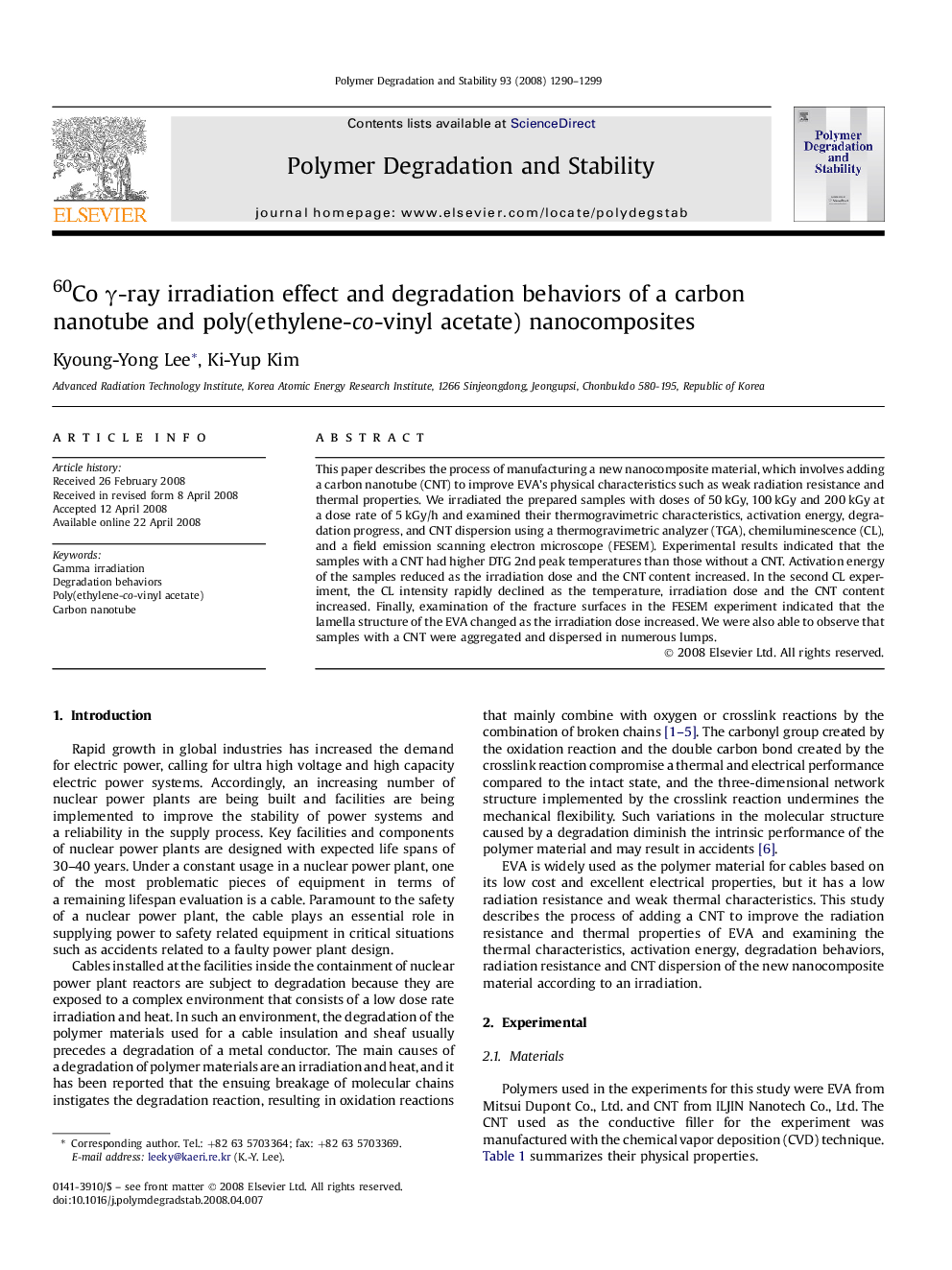 60Co Î³-ray irradiation effect and degradation behaviors of a carbon nanotube and poly(ethylene-co-vinyl acetate) nanocomposites