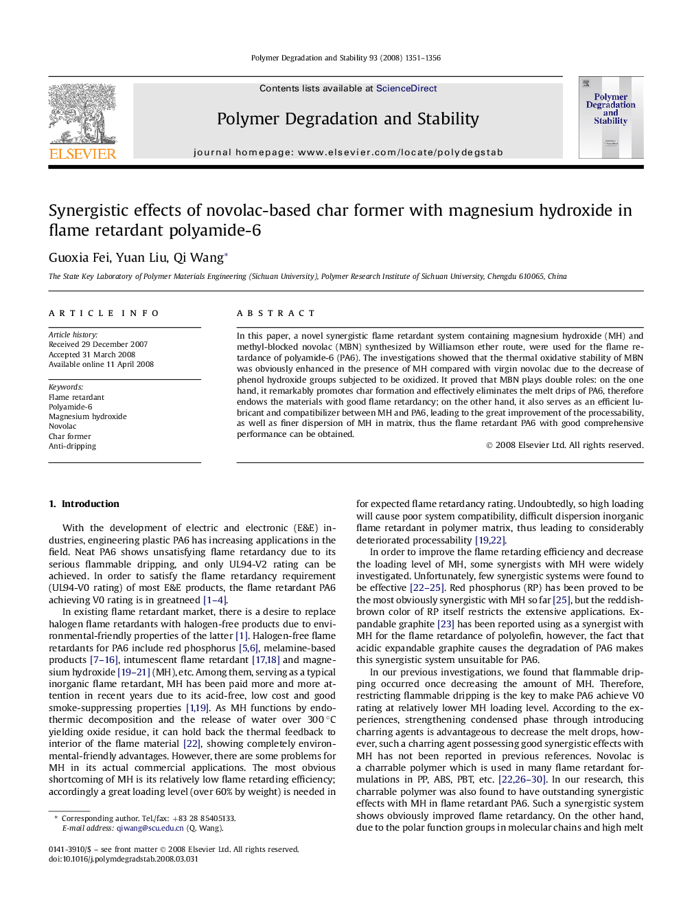 Synergistic effects of novolac-based char former with magnesium hydroxide in flame retardant polyamide-6