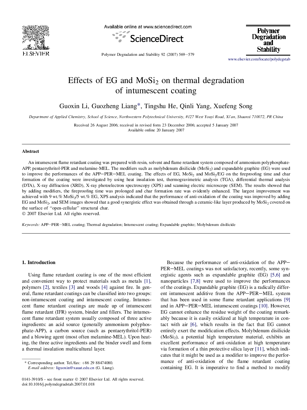 Effects of EG and MoSi2 on thermal degradation of intumescent coating