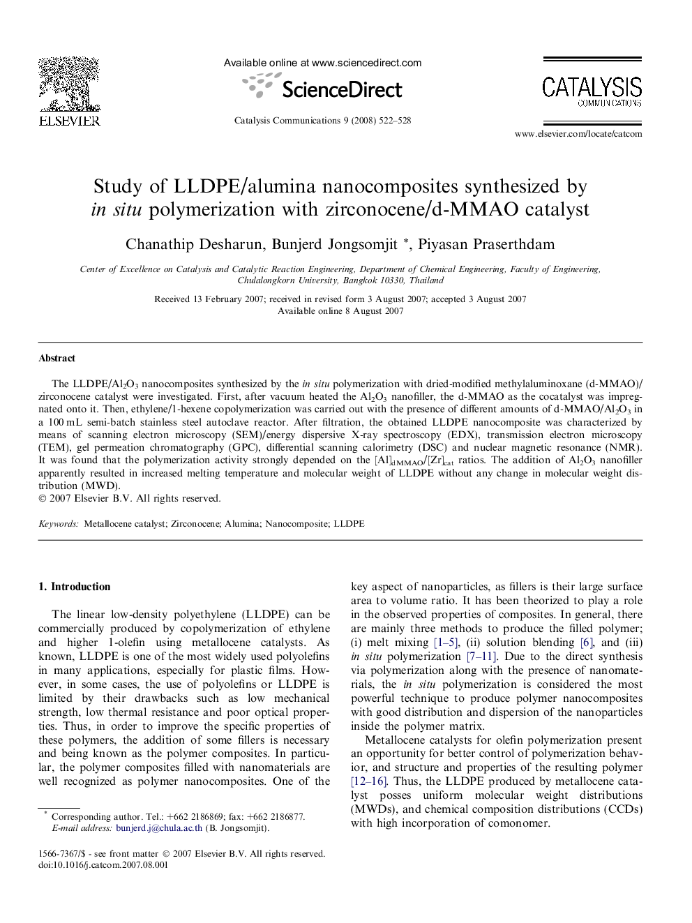 Study of LLDPE/alumina nanocomposites synthesized by insitu polymerization with zirconocene/d-MMAO catalyst